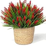 12 Bundles Artificial Plants Outdoor Fake Monkey Grass UV Resistant Faux Plans No Fade Red Fake Flowers Greenery Shrubs for Front Porch Yard Pathway Office Spring Summer Décor Outside Indoor (red)