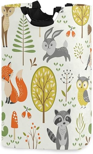 Cesto de lavandería con diseño de animales del bosque, árboles, setas, bayas, colapsa, cesta de lavandería para el hogar, organizador de guardería,