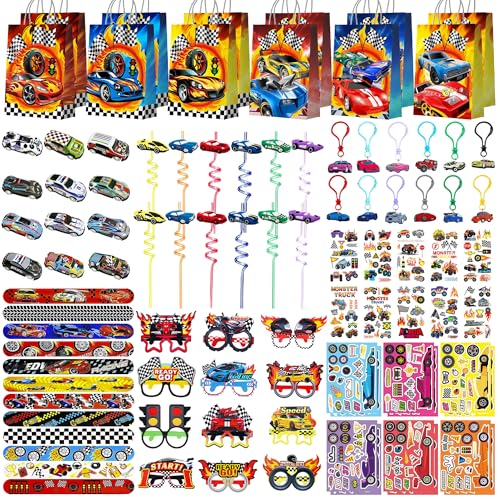 Huxolynifty Cadeaux de Fête de Course, 96 Pcs Moto Party Favors - Course Porte-Clés, Jouet Mini Course & Sacs de Cadeaux Autocollants etc Décorations de...