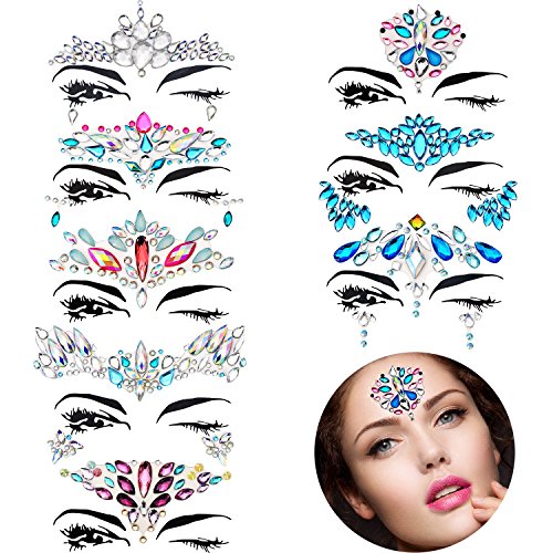 TOODOO 8 Sets Mermaid Face Gems Glitter Sticker Rhinestone Bindis Crystal Face Jewels Tattoo Forehead Decorations for Women Favors (Retro Pattern)