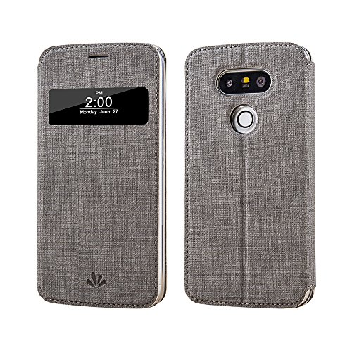 Feitenn LG G5 case Premium Leather PU Wallet View Window Flip Smart Case Stand Kicstand Card Holder Magnetic Closure TPU Bumper Full Cover case for LG G5 (Gray)