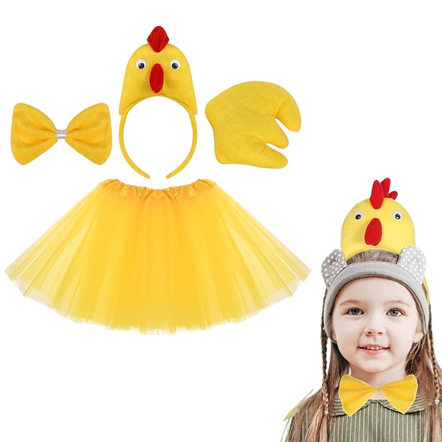NALACAL Adorable Chicken Costume for Kids - Includes Chick Headband, Tail, Yellow Bowtie, and Tutu Dress - Perfect for Farm Animal Dress Up, Halloween, and School Plays