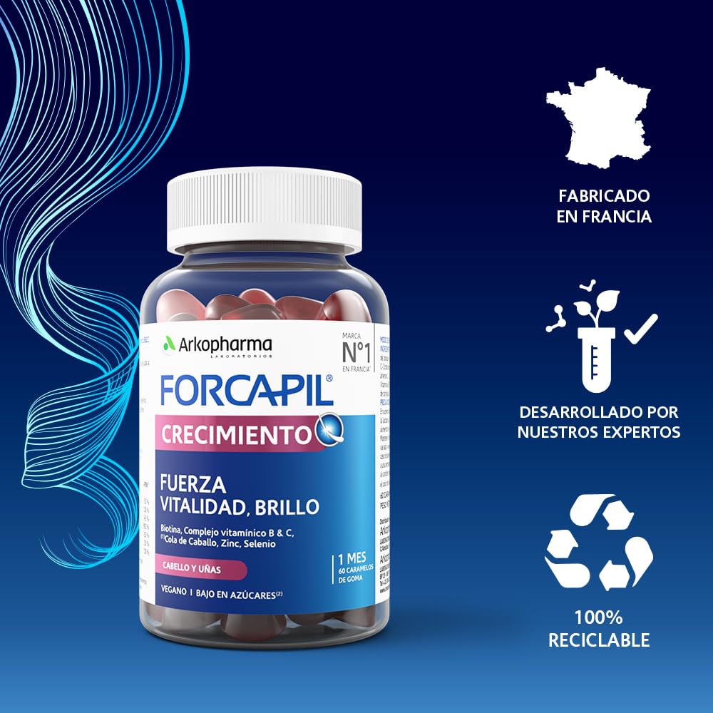 Arkopharma Forcapil Crecimiento, Pack Tratamiento de 3 meses, Sabor Frutos Rojos, Fuerza, Vitalidad y Brillo, Alta Concentración en Biotina, Vitamina B y C, Rojo, 60 Unidad (Paquete de 1)