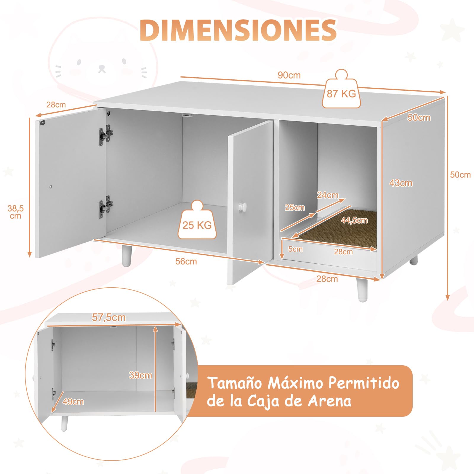 COSTWAY 3 en 1 Casa para Gatos con Rascador Extraíble, Mesa de Centro Auxiliar de Madera, Cueva para Gatos con 2 Puertas, Mueble Arenero de 90 x 50 x 50 cm (Blanco)
