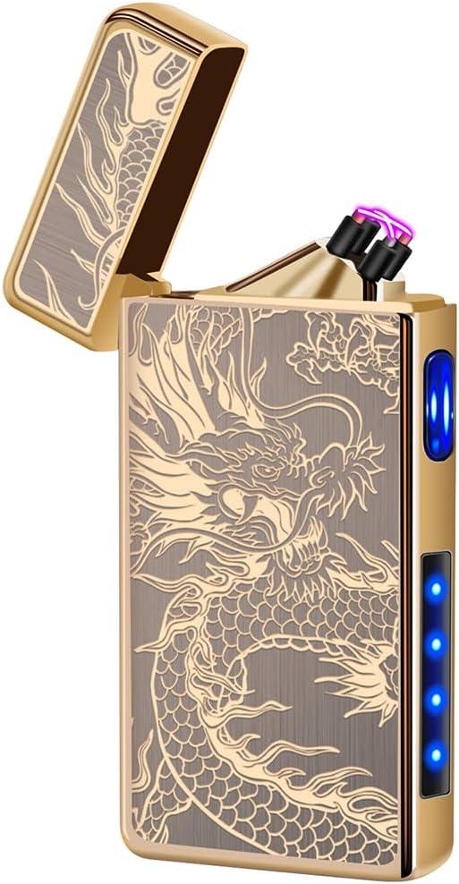 LcFun Gold Dragon Plasma Lighter - USB Type C Rechargeable, Windproof, Dual Arc, LED Battery Indication for Candles, Outdoor Camping, Fireworks