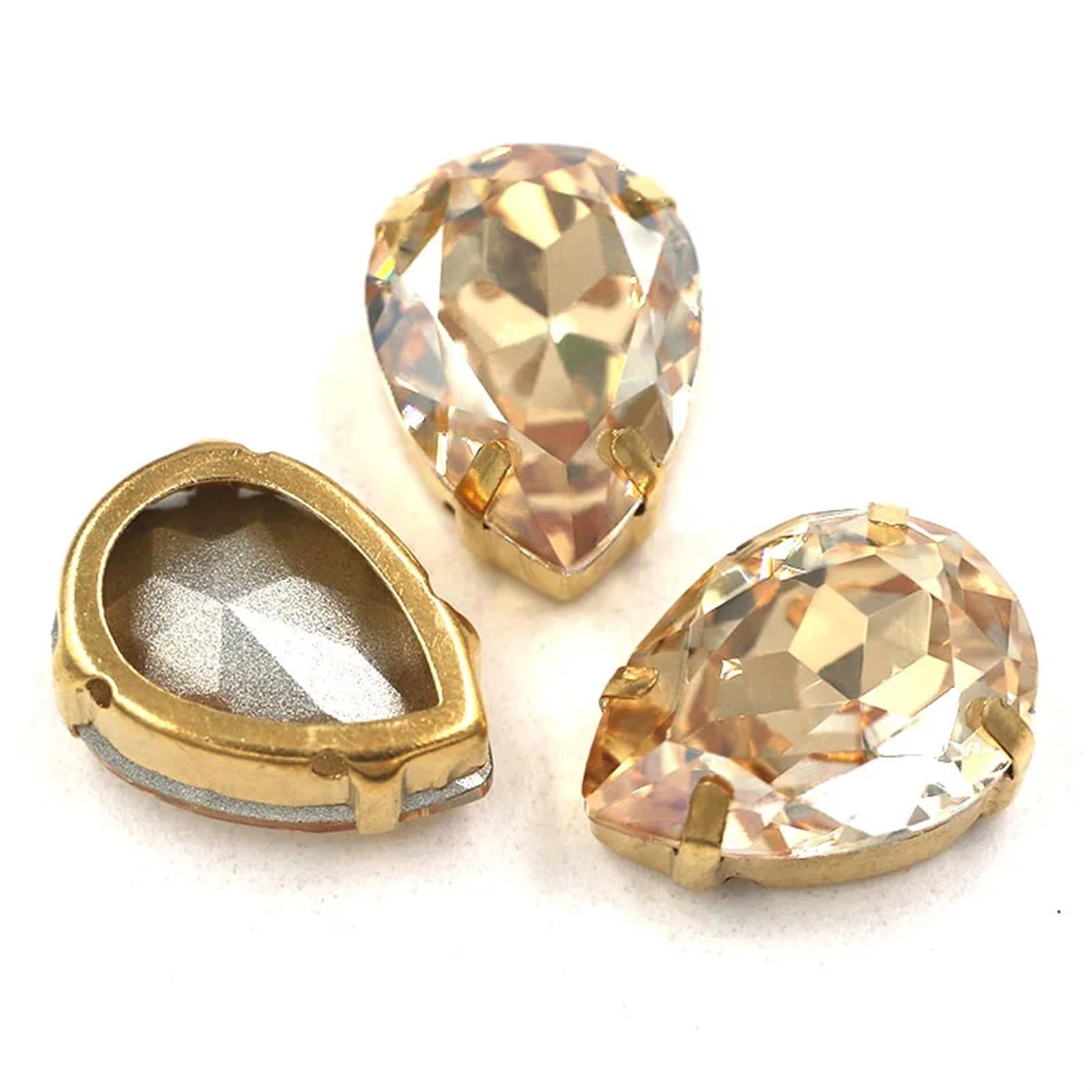 Zaciskarka ze szkła Rhinestone szklane cyrkonie, do szycia, w kształcie łezki, wielokolorowe, wiele rozmiarów, zestaw 12 szt. (szampański, 12 szt.-7X10MM)