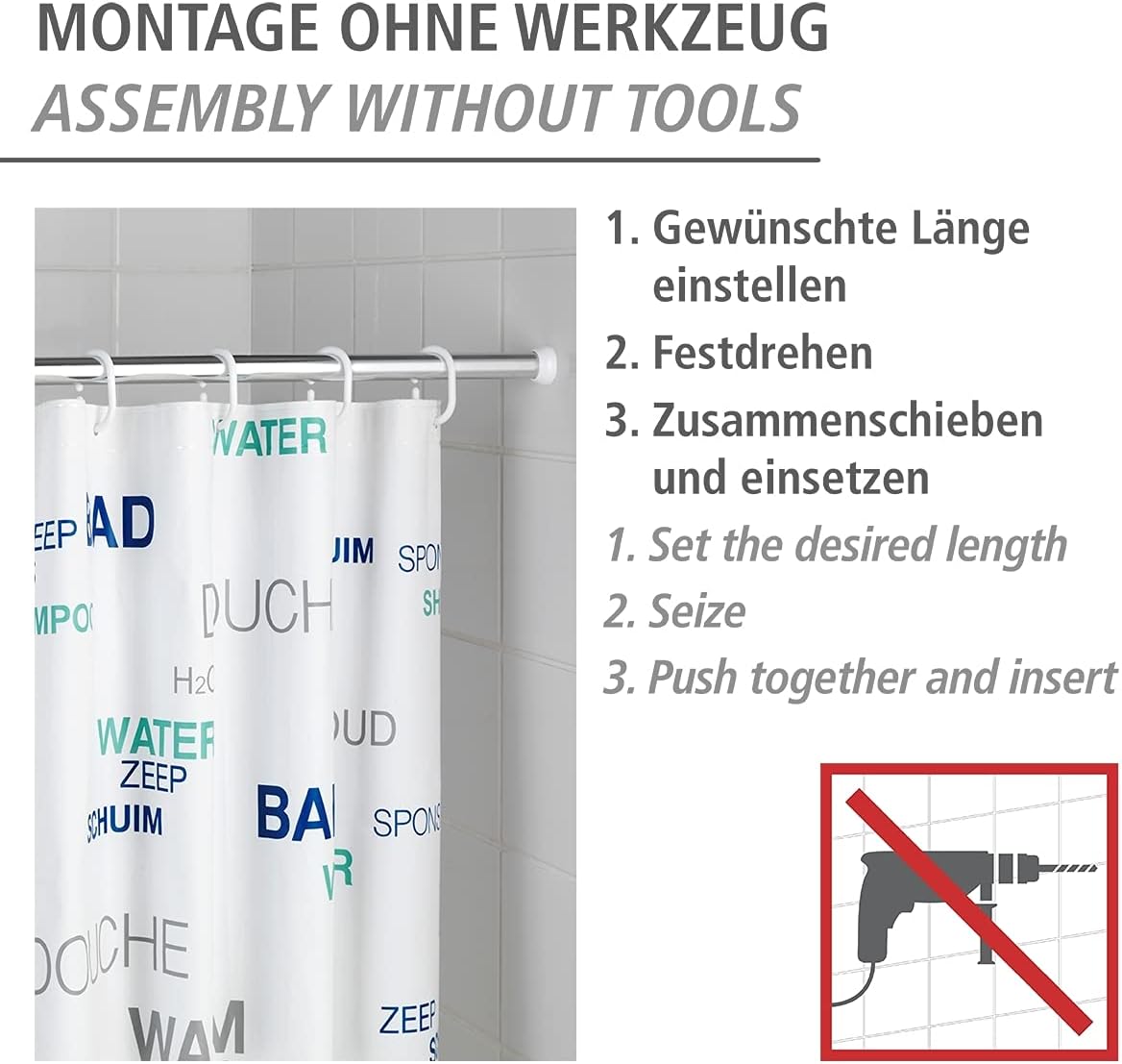 A chrome telescopic shower rod installed in a bathroom, holding a white shower curtain with blue and grey text. Text on the image highlights features like 'Simply clamp between two walls - holds with tension', 'Adjustable length from 110 to 185 cm', 'Made of aluminum - durable & rustproof', and 'Strong hold - 2 cm thick tube'.