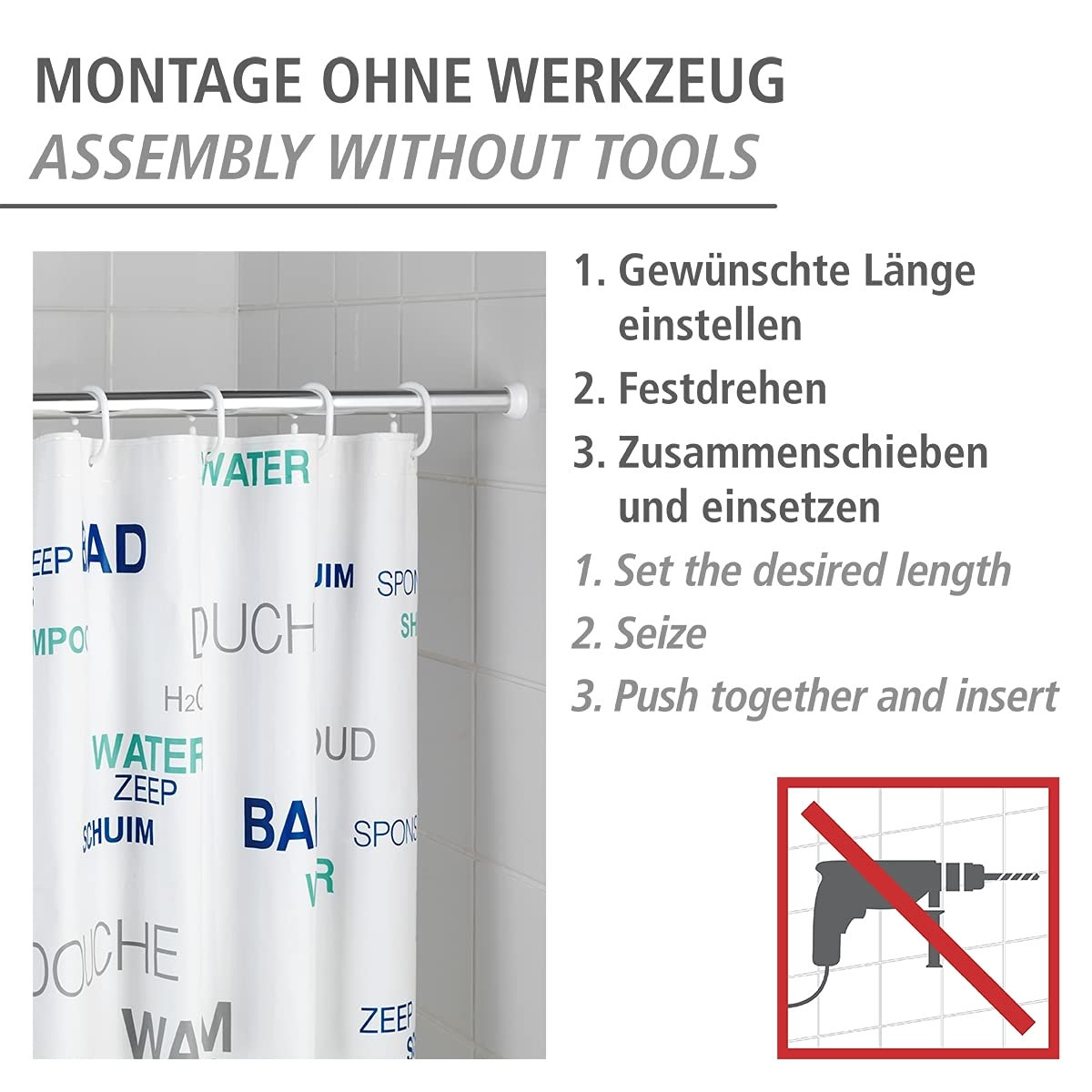 WENKO Barre de douche télescopique en chrome 110-185 cm - Ø 2 cm, Aluminium, 2 x 2 cm, Chromé
