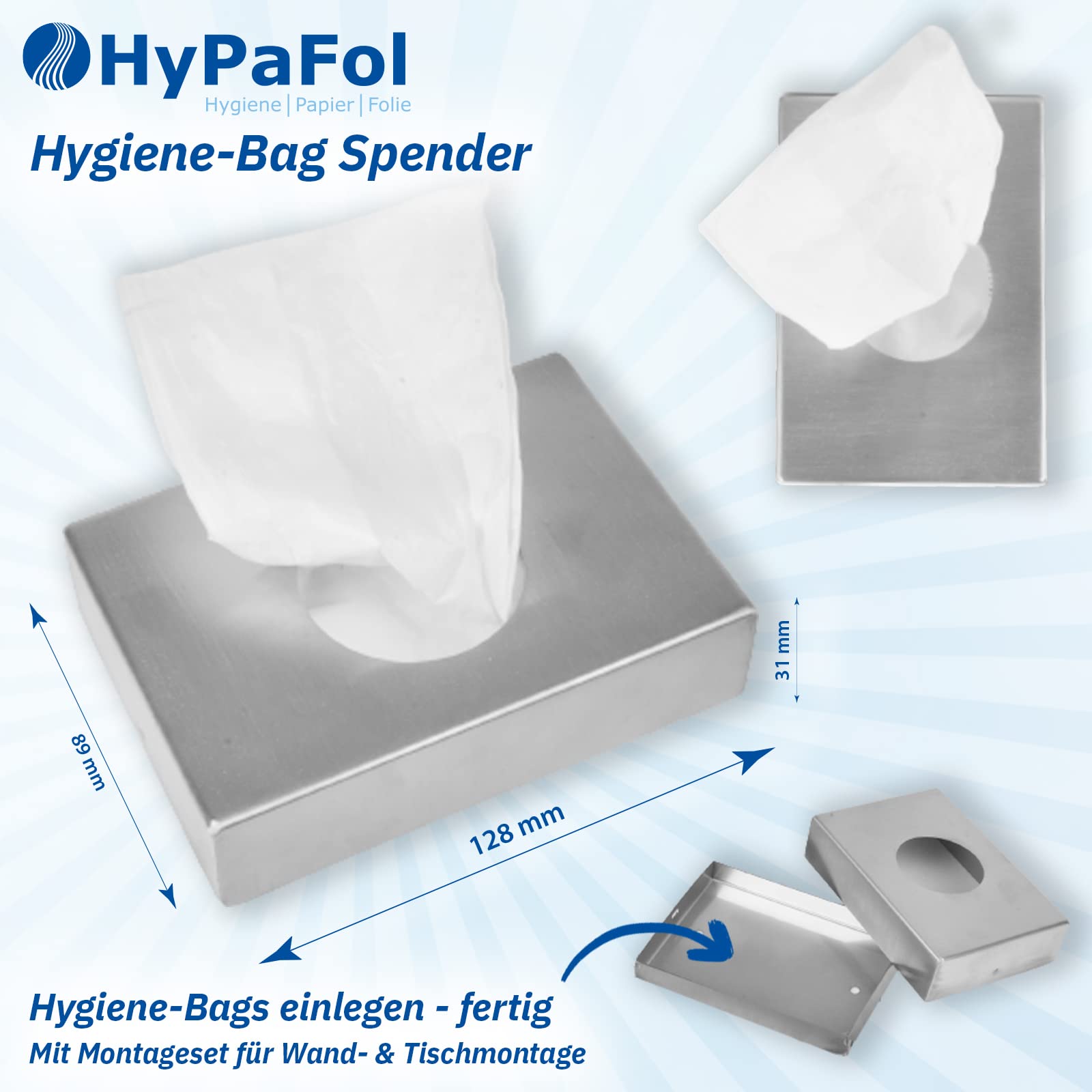 Hypafol 1 x robuster Hygienebeutelspender aus Edelstahl mit 6 x 30 Stück PE-Hygienebags | zur praktischen und hygienischen Entsorgung von Damen-Hygieneartikeln | zur Montage und Platzierung