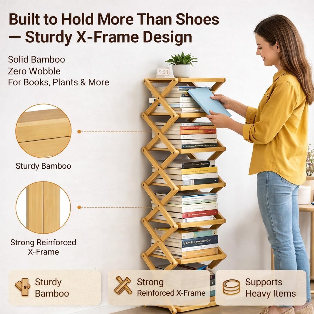 The 9-Tier No-Assembly Bamboo Rack, Foldable Accordion Corner Shoe Shelf, Collapsible Vertical Shoe Organizer with 3–9 Tier Options for Entryway,Closet and Small Spaces (Wood, 9 Tier)