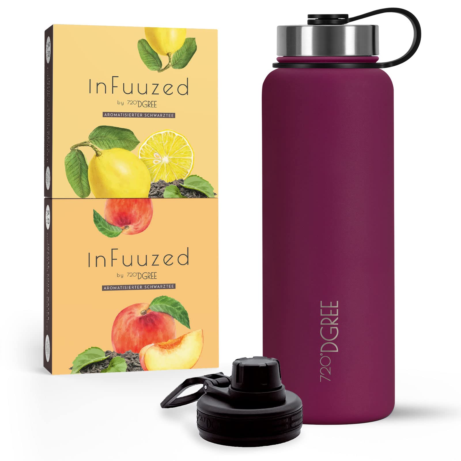 720°DGREE Eistee to go "InFuuzed" 2x 25 Beutel für mind. 25l + Thermo Trinkflasche 1200ml "noLimit" - Das Erfrischungsgetränk Ohne Zucker & Kalorien - Lecker leichte Alternative zu Eis Tee, Softdrinks