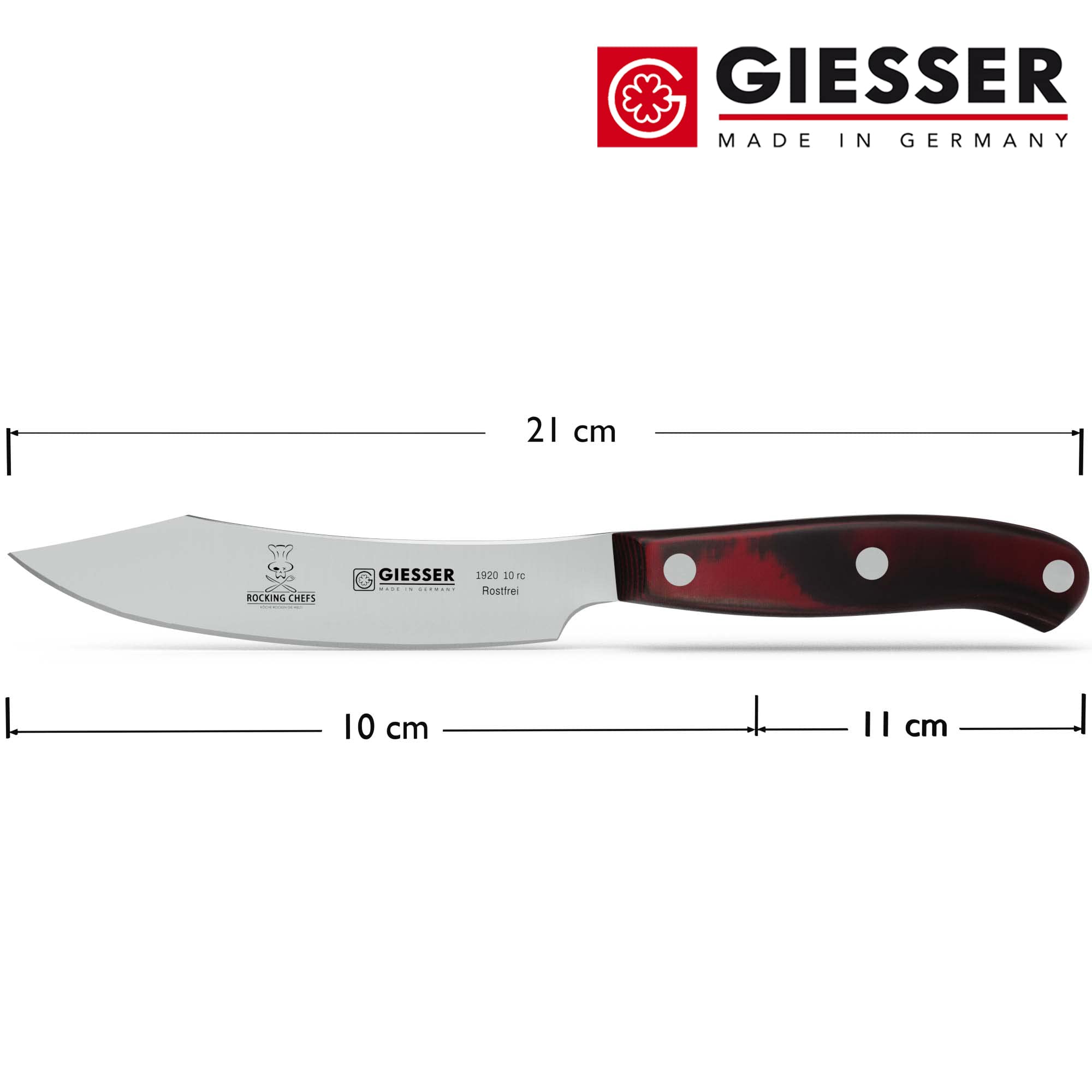 Giesser seit 1776 - Made in Germany - Spickmesser 10 cm Rocking Chefs, PremiumCut Office No 1, Officemesser, Micarta, rot, genietet, rostfrei, deutsches Grillmesser scharf