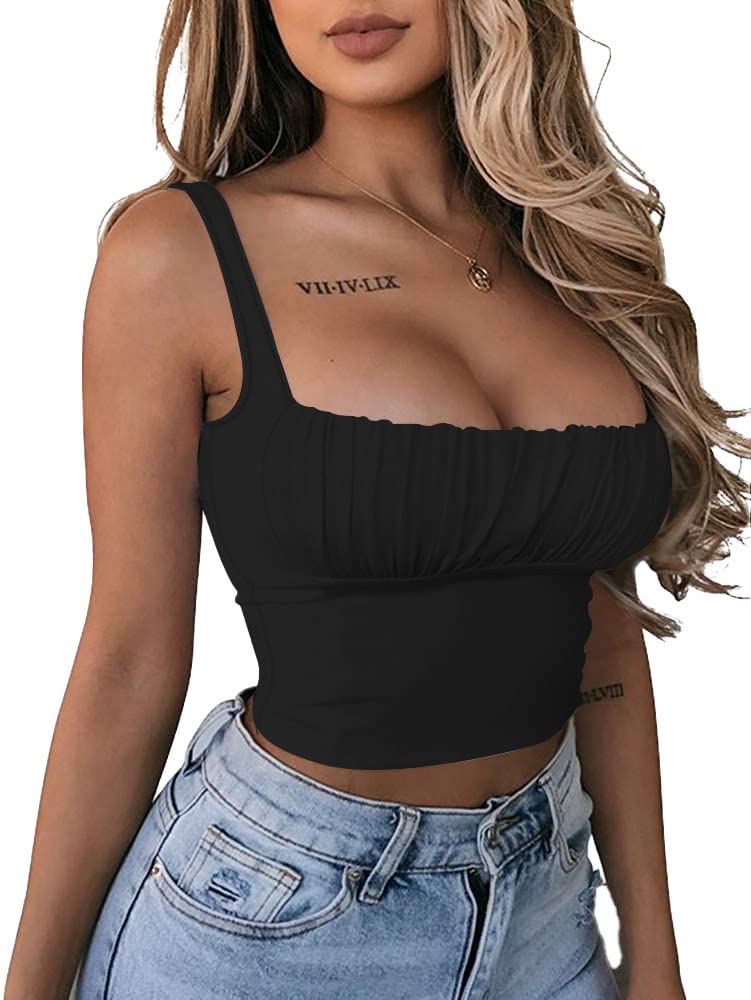 Inorin Womens Sexy Summer Sleeveless Crop Tank Tops Smocked Square Neck Slim Fitted Cami Top Shirts Black