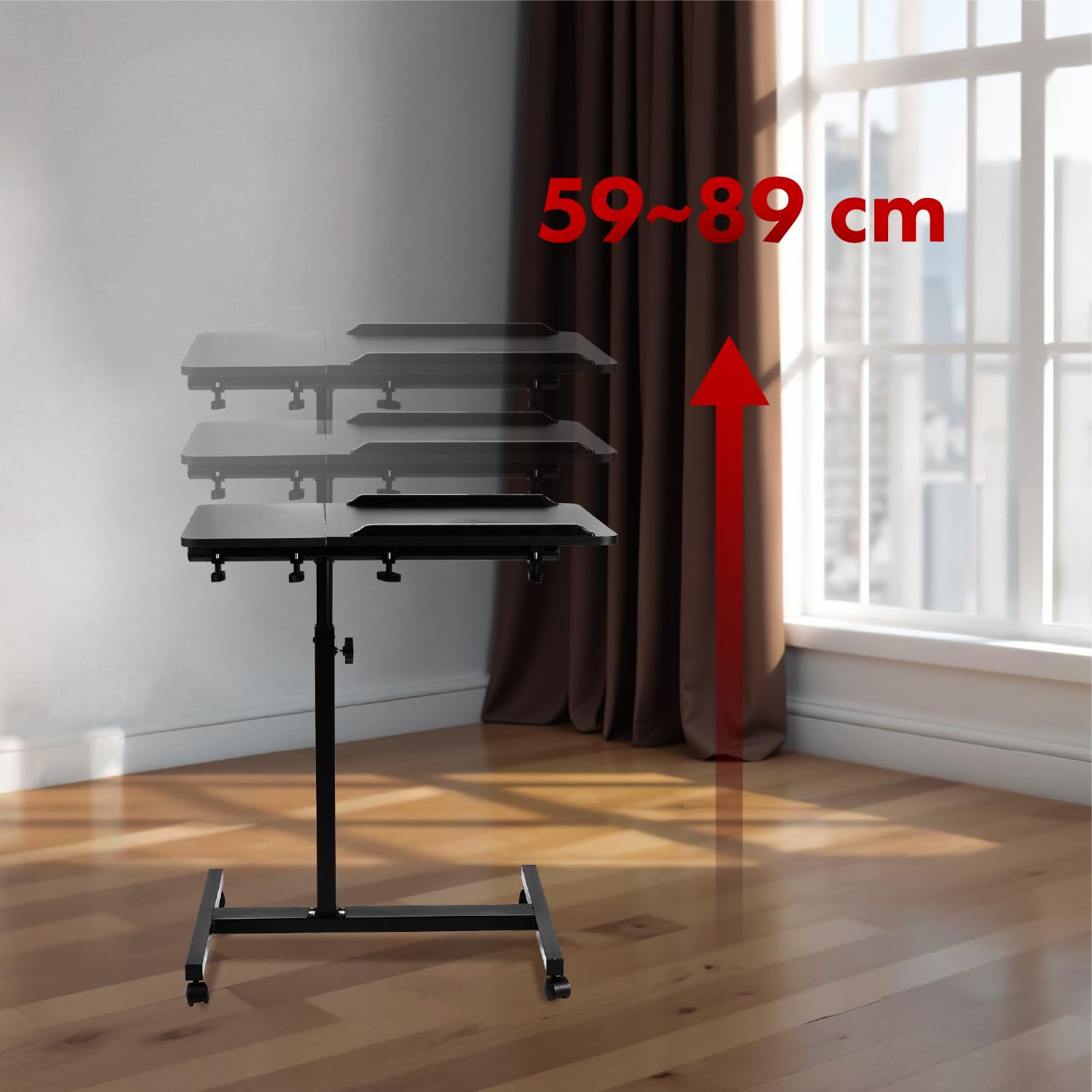 Biurko mobilne Maclean | Wysokość regulowana 59-89 cm | Podwójny blat z możliwością pochylenia 90° | Kółka z hamulcami | Nośność 30 kg | Ergonomiczne biurko komputerowe (Czarny)