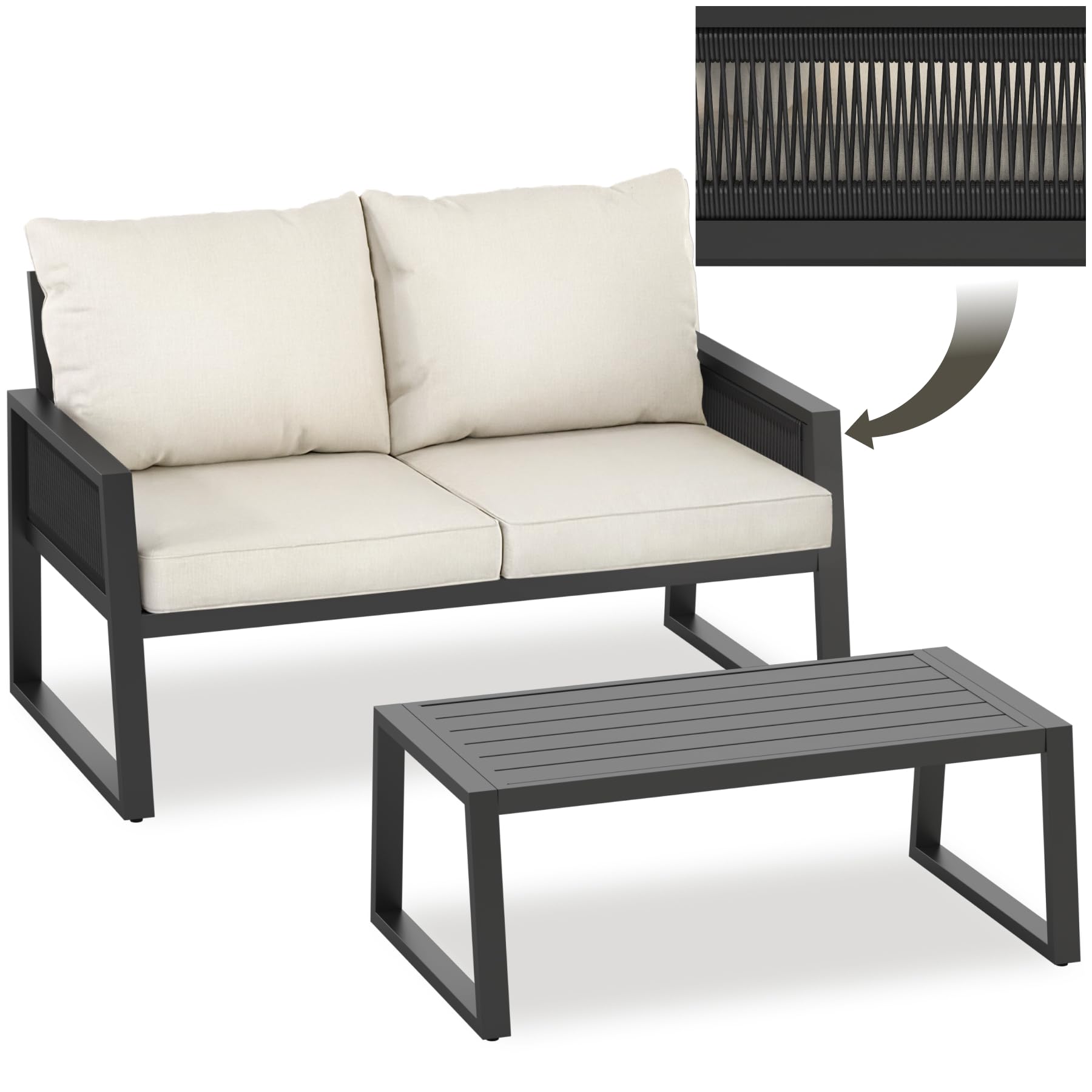 Tectake Salon de Jardin Canapé 2 Places Banquette Table Basse Coussins Inclus Cadre Aluminium laqué époxy Mobilier Exterieur