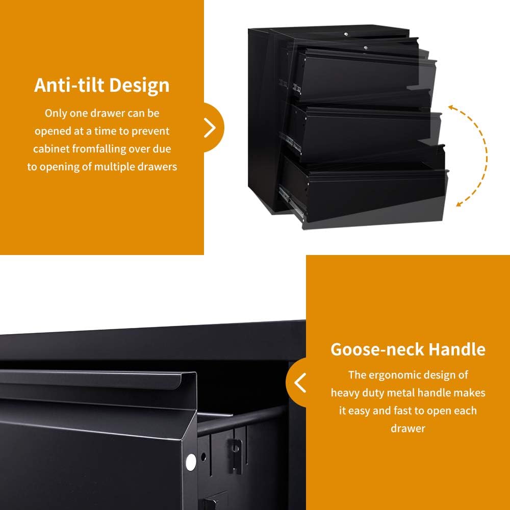 STEELCUBE 3 Drawer Lateral File Cabinet, 3 Drawer Lateral File Cabinet with Lock, Metal Lateral File Cabinet for Home and Office. (Black) : Office Products