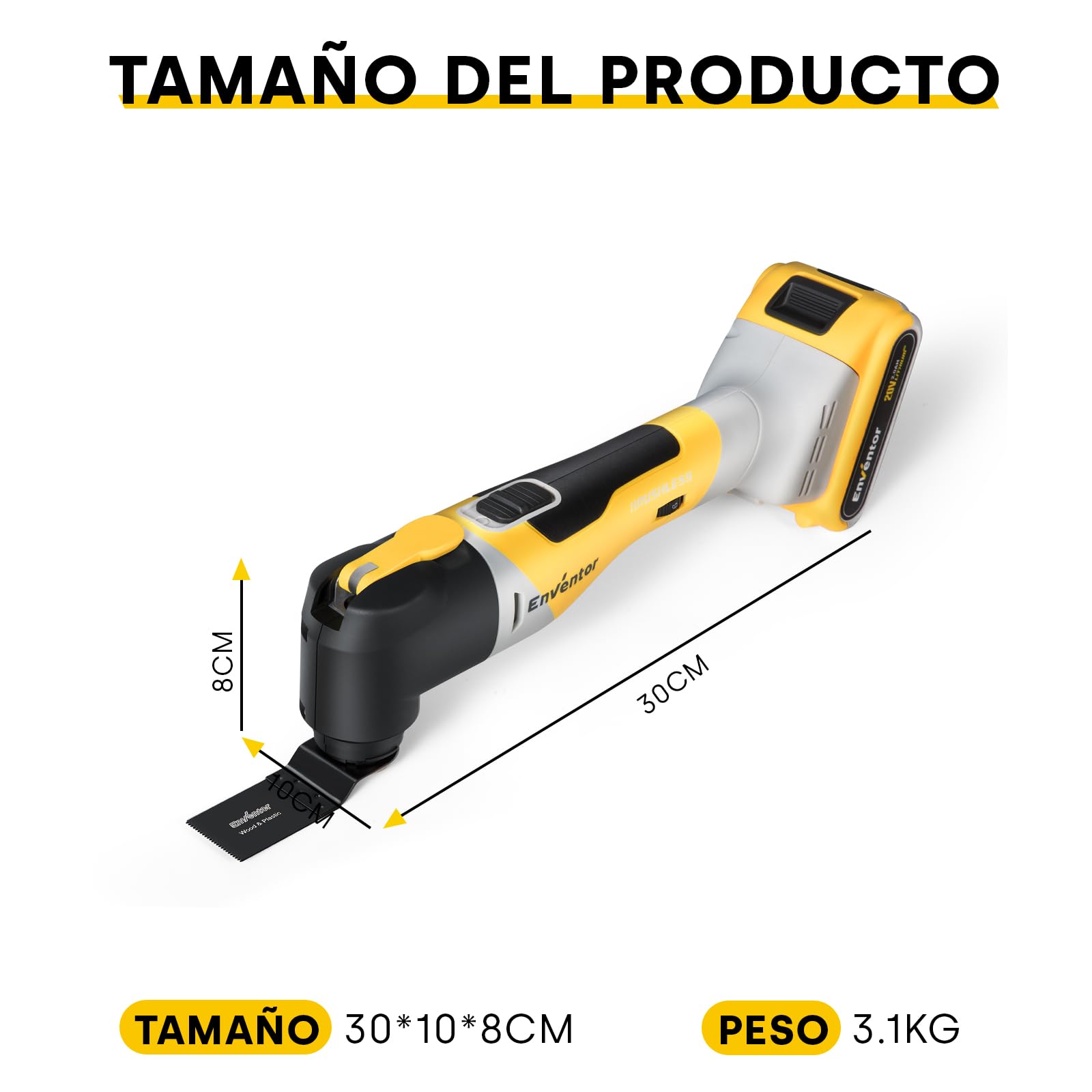 Enventor Multiherramienta Oscilante, 20V Brushless 2.0Ah Herramienta Multifunción con 6 Velocidades, 12000-19500RPM, Cargador, 28 Accesorios, Herramientas Oscilantes para Cortar, Lijar y Pulido
