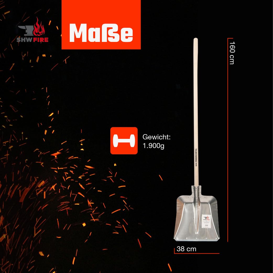 SHW-FIRE | Hallenser Alu Flachrandschaufel 130 cm Buchenholzstiel, 1,8 mm Aluminium, Stahlschutzkante, vielseitig für Garten, Hof, Futter & Schnee - Aluschaufel & Schippe | Made in Germany