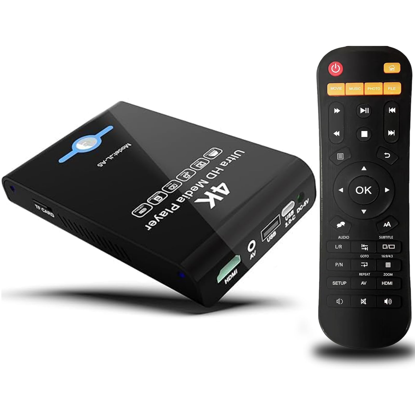 4K 60Hz UHD Media Player & HDD Enclosure 2-in-1,Play H.265/HEVC H.264/AVC MP4 MKV Videos MP3 Music JPG Photos,4K HDMI, Analog AV,USB 3.0, Type C,Supports SSD,2.5" SATA HDD with USB/SD Card Expansion