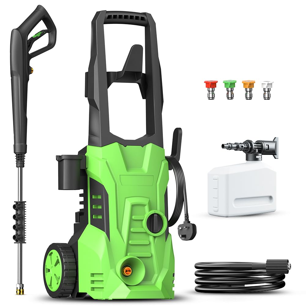 Electric Pressure Washer with 4 Interchangeable Nozzles, 420L/H Flow Rate, 8M High-Pressure Hose, 11M Power Cable for Car, Patio, Garden, Fences, Yard, Driveways