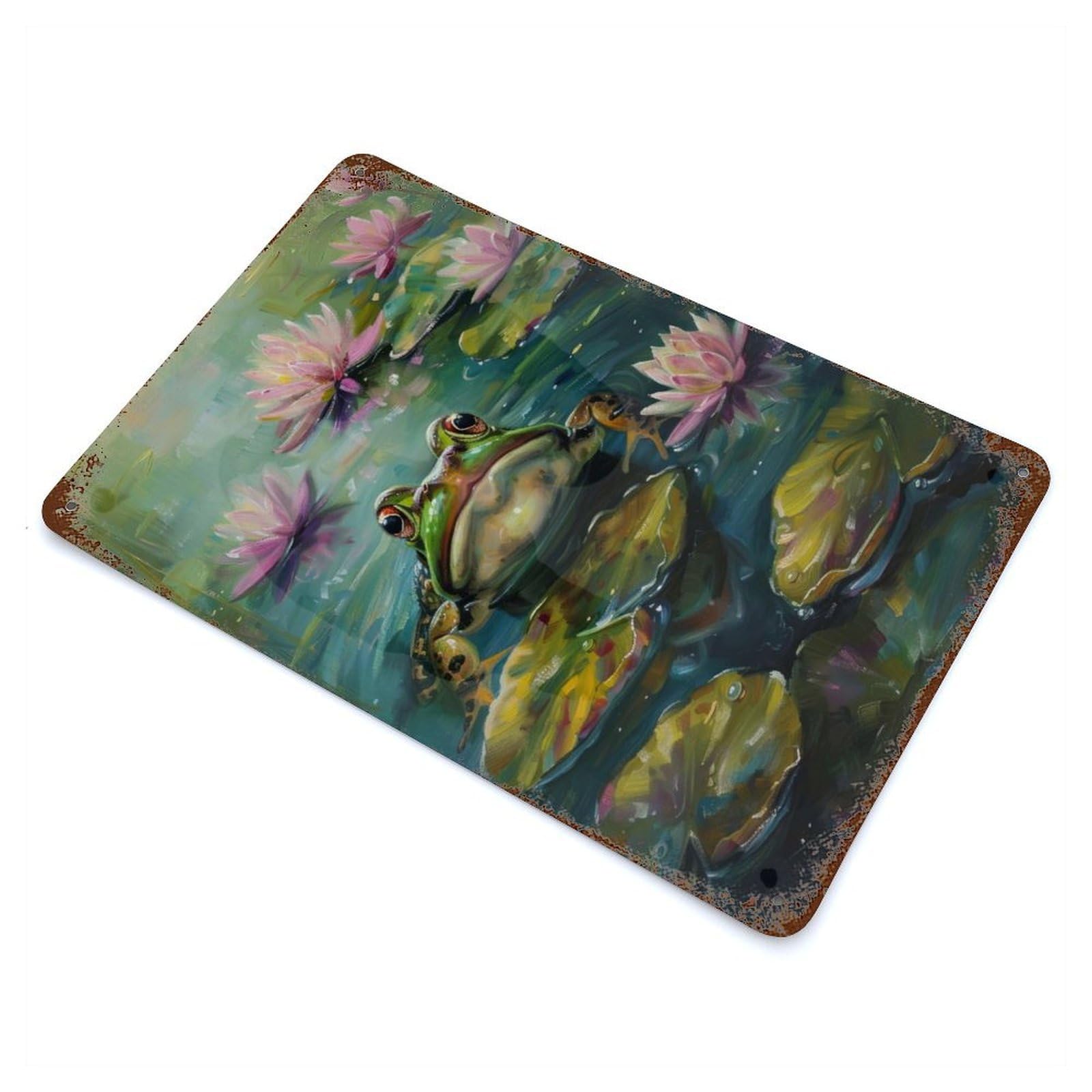 Frog in Lily Pond Rust Effect Tin Sign 11.8"x7.9", Ideal for Garage, Bar And Workshop Decor