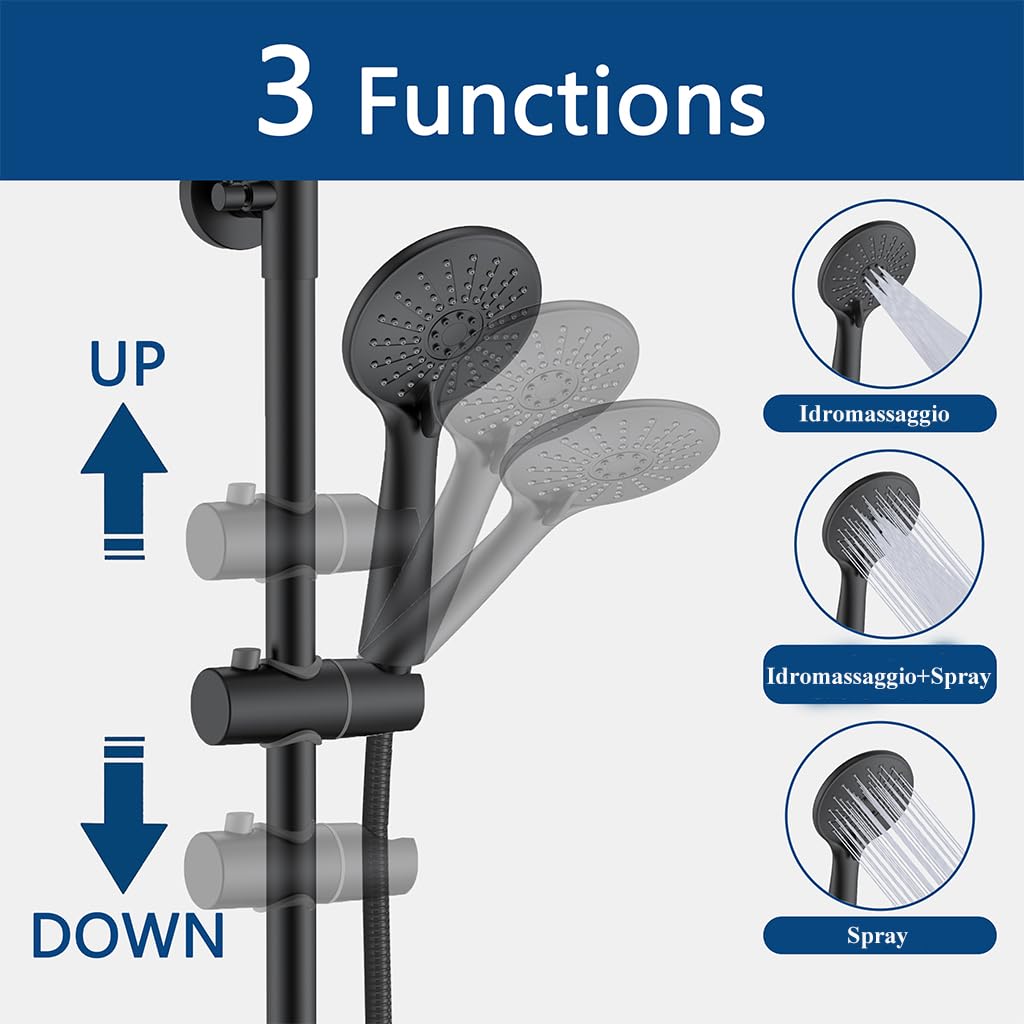 Colonna Doccia, AICA ITALY, Miscelatore Doccia Idromassaggio Termostatico, Gruppo Doccia Completo di Soffione Acciaio Inox da 20cm e Doccetta a 3 Getti, Asta Doccia Regolabile 73-117cm, Nero