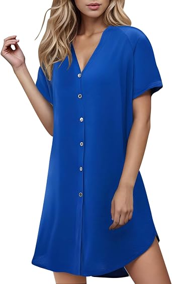 Womens Shirt Dresses V Neck Button Down Casual Mini Dress | Womens Shirt Dresses, Soft Comfy Mini Dress, Casual V Neck Sundresses, Loose Fit Swing Dress, Button Down Sundress