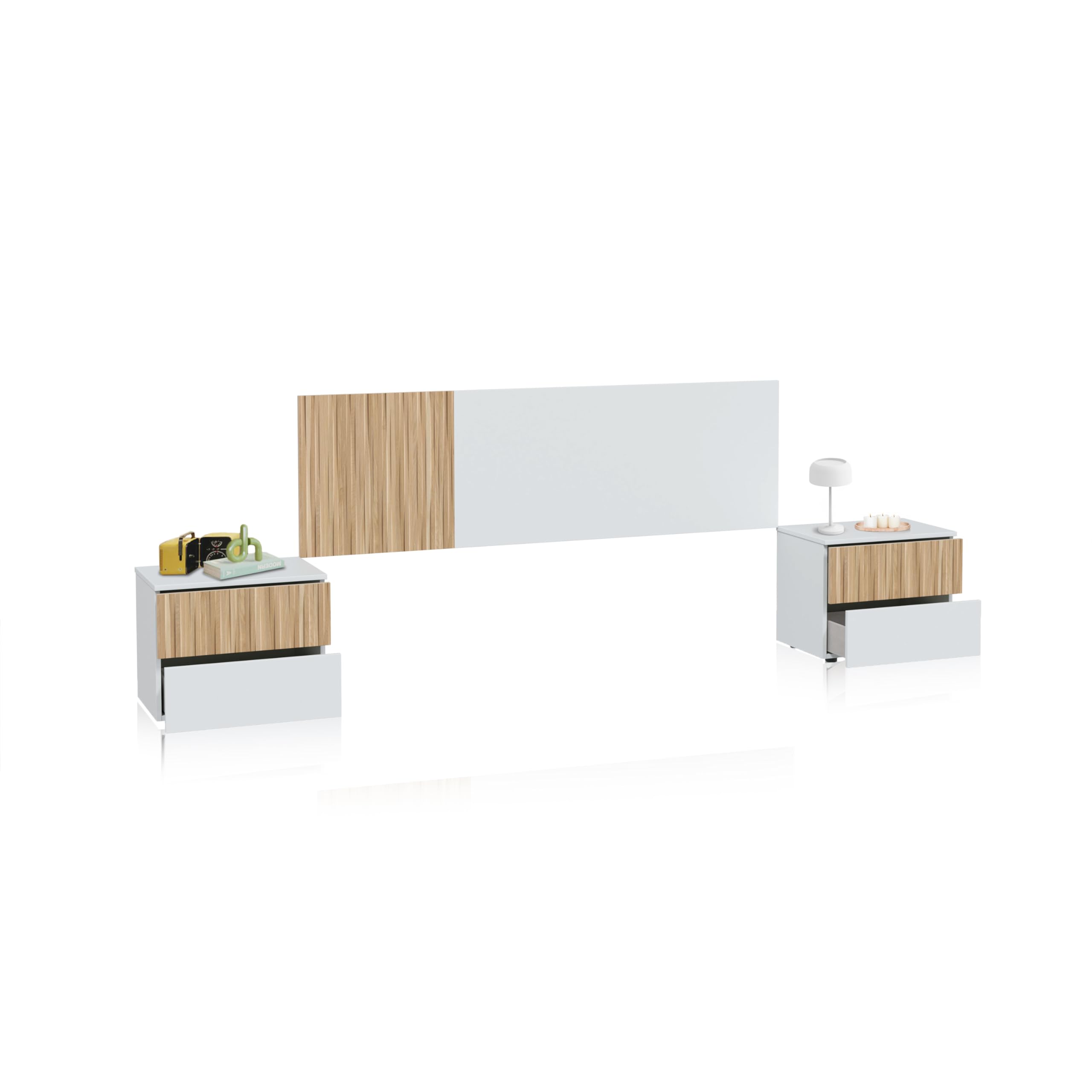 duehome | Pack Cabecero y 2 Mesitas de Noche, Dormitorio Doble, Dormitorio Completo, Modelo Nitza, Acabado en Blanco Artik y Natur