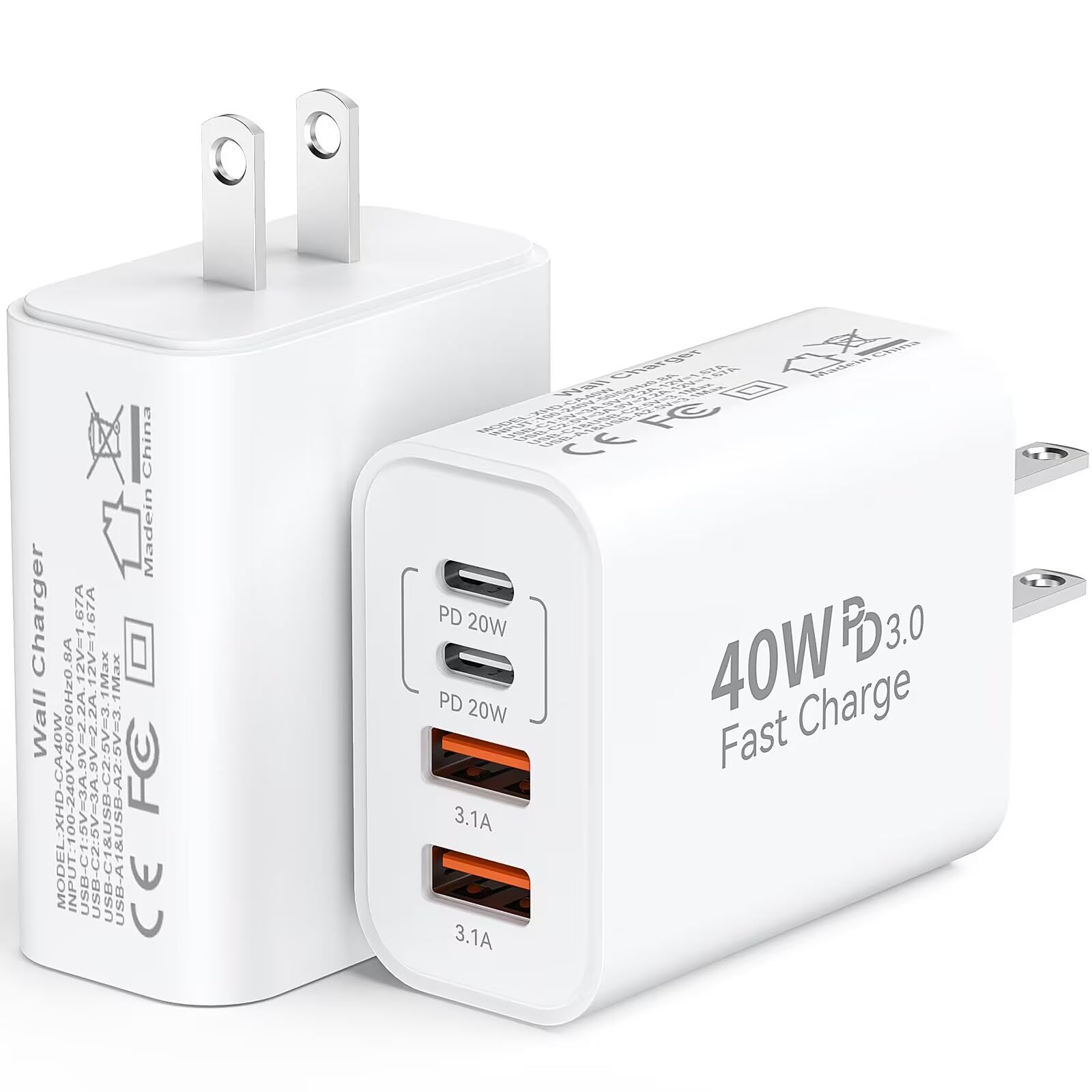 USB C iPhone 16 Charger Block, 40W USB C Charger Block Plug, 4-Port PD+QC Multiport Power Adapter Type C Fast Charging Brick Cube for iPhone 16 15 14 13 12 11 Pro Max XS XR X, Samsung - 2 Pack