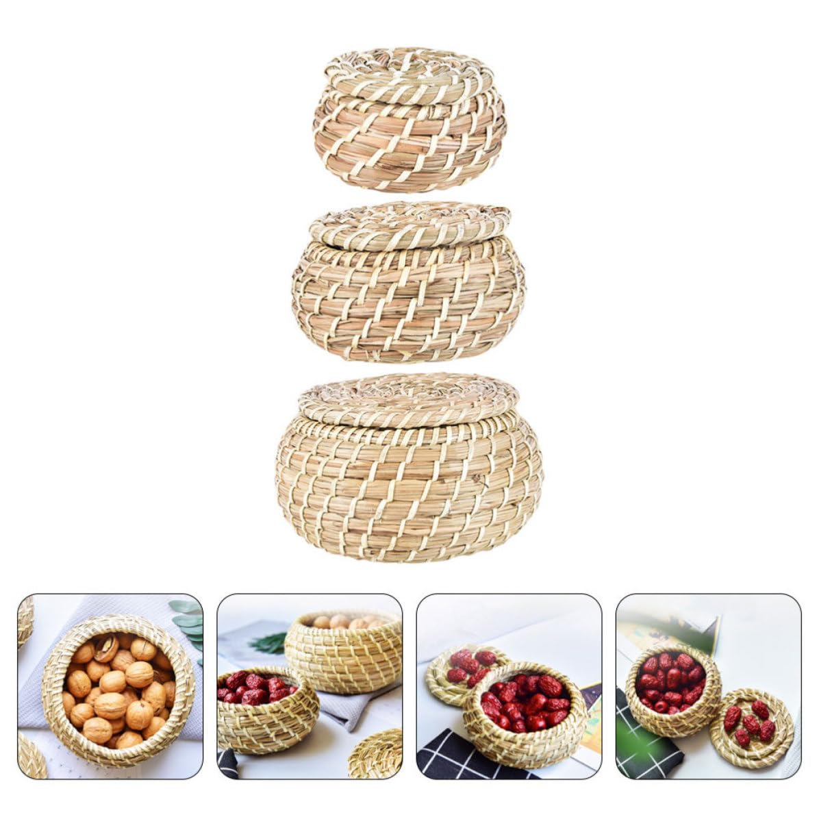 TEHAUX Cesta de Almacenamiento Tejida Tapa 3 Piezas de Hierba