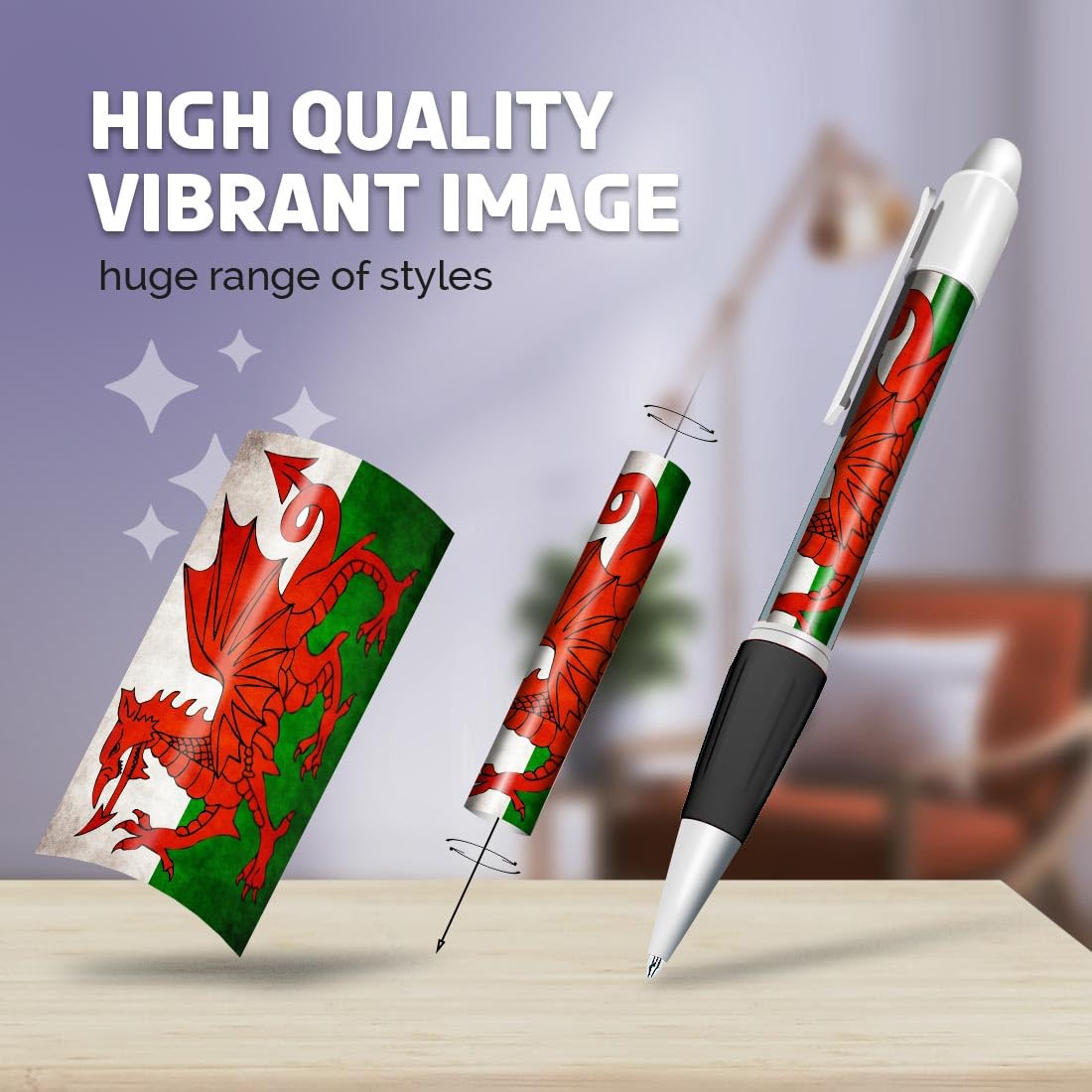 Set of 4 White Ballpoint Pens (Photo Insert) - Distressed Wales Welsh Dragon Flag - Soft Feel Finger Grip #56016 - Image 2