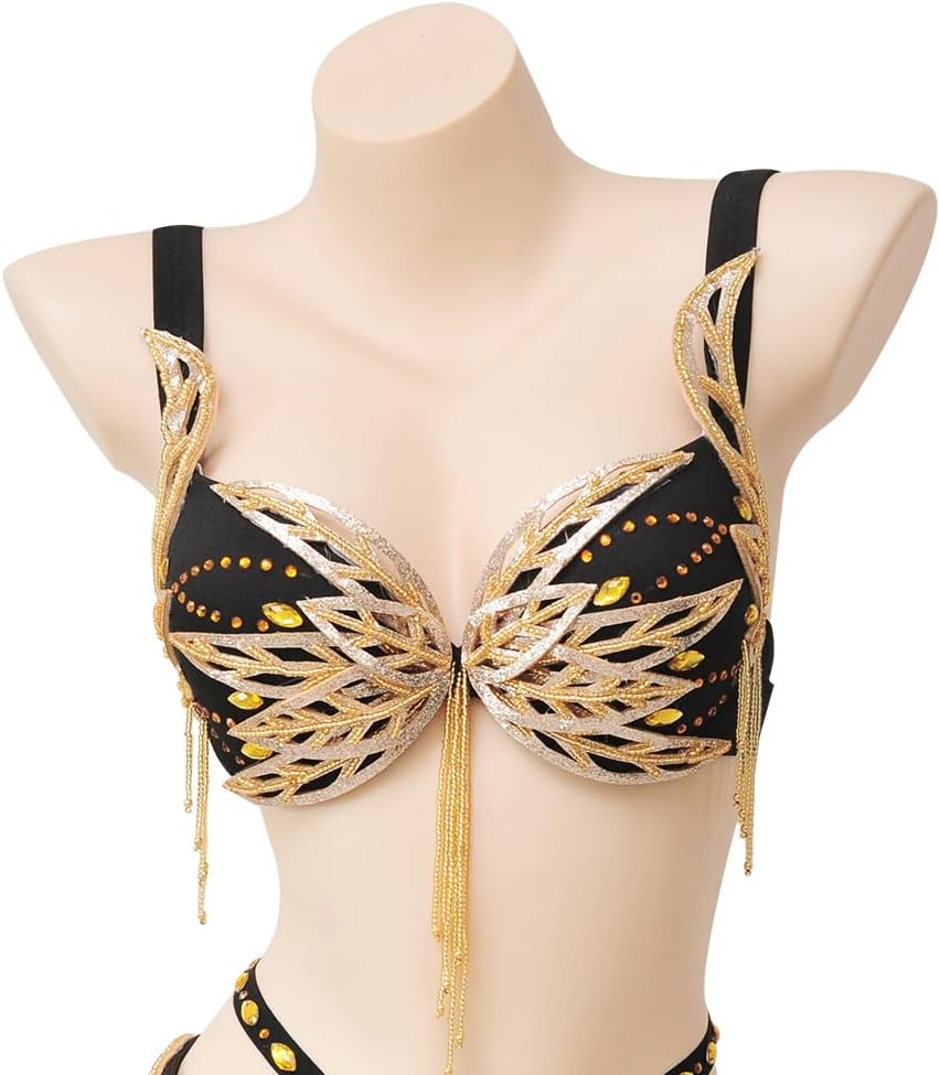 ROYAL SMEELA Handmade Beaded Bellydance Bra and Belt Set - Gold Fringe & Crystal Embellished for Performance & Events