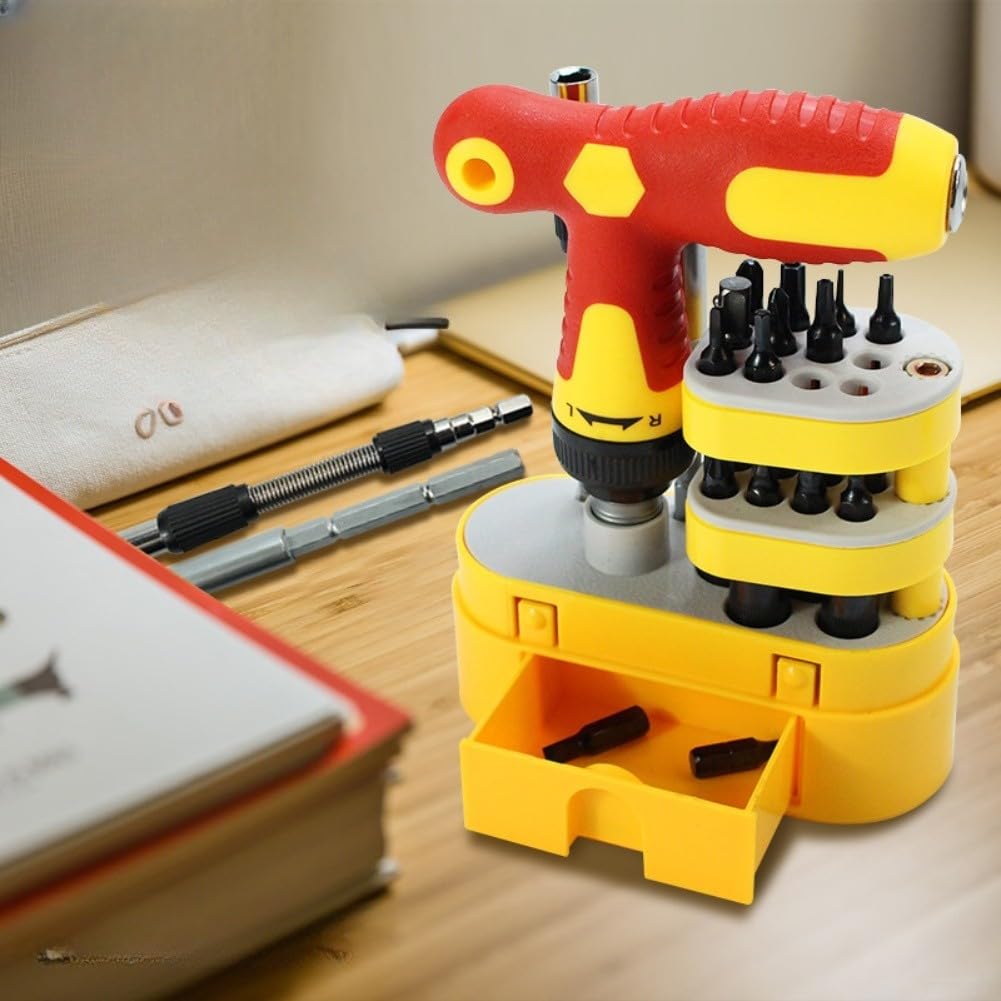 Eawfgtuw Juego de destornilladores de trinquete en forma de T con mecanismo bidireccional, varilla extensible para un alcance profundo, mango ergonómico de polipropileno, puntas de metal para