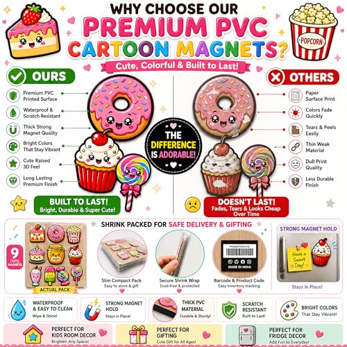 Image of Regalo Casila Cute Fridge Magnets Set of 10 Cartoon Dessert Magnets for Refrigerator Kitchen Decor Strong Magnetic PVC Fridge Stickers for Kids Home Office Gift Decorative Magnets