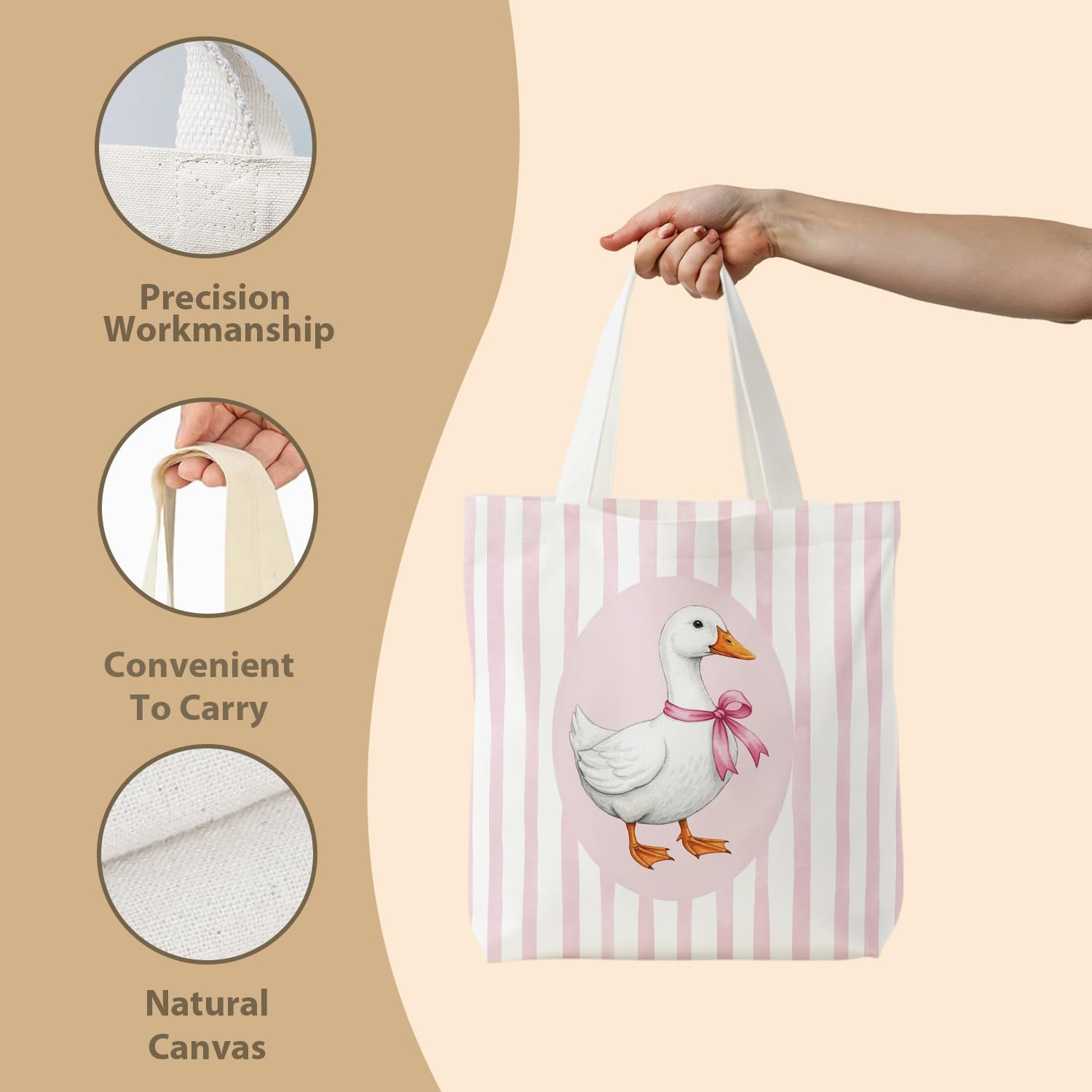 NATSUNO Coquette Pink Bow Goose Canvas Tote Bag, Goose Lovers Gifts, Preppy Pink Striped Canvas Tote Bag for Women, Reusable Grocery Bags Shopping Bags - Image 6