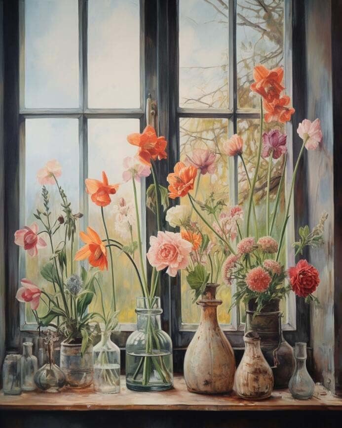 ZMHZMY DIY Oil Painting Paint by Number Kit Frameless Beautiful Flowers on The Windowsill Paint by Numbers Oil Painting Canvas Print Wall Art Home Decoration