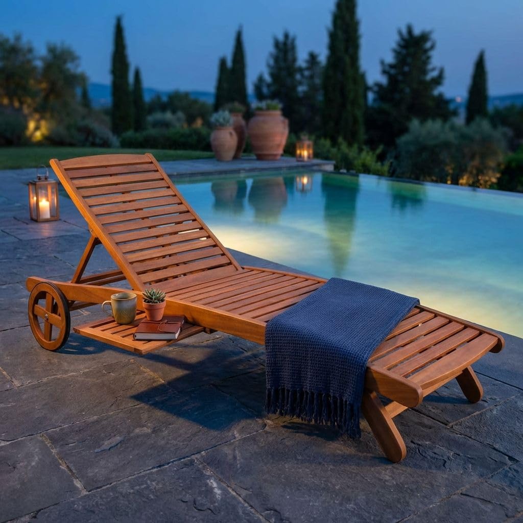 milani home - lettino prendisole da giardino, legno di acacia, con ruote, schienale regolabile, ripiano laterale