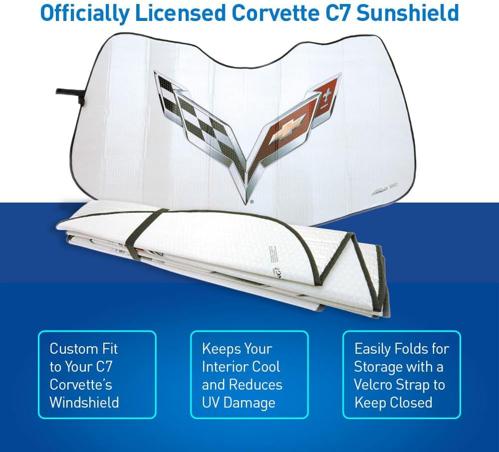 Folding Windshield Sunshade Compatible with Chevrolet C7 Corvette 2014-2019 - Officially Licensed Flag Logo - Heat Resistant UV Protection Sunshield