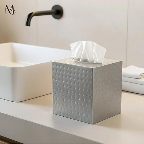 Miniatura 3 de Caja de pañuelos Monarch Abode Cuadrada Caja de soporte de pañuelos de metal de peltre martillado a mano para accesorio de baño, cubo decorativo de