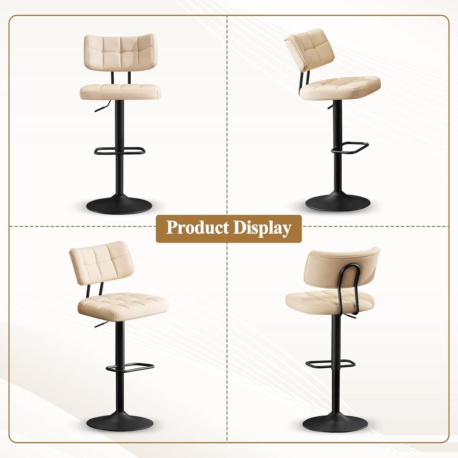 Furniliving Adjustable Bar Stools Set of 2, Leather Barstools with Back, Swivel Counter Height Stools for Kitchen Island, Lumbar Support Armless Bar Chair, Beige