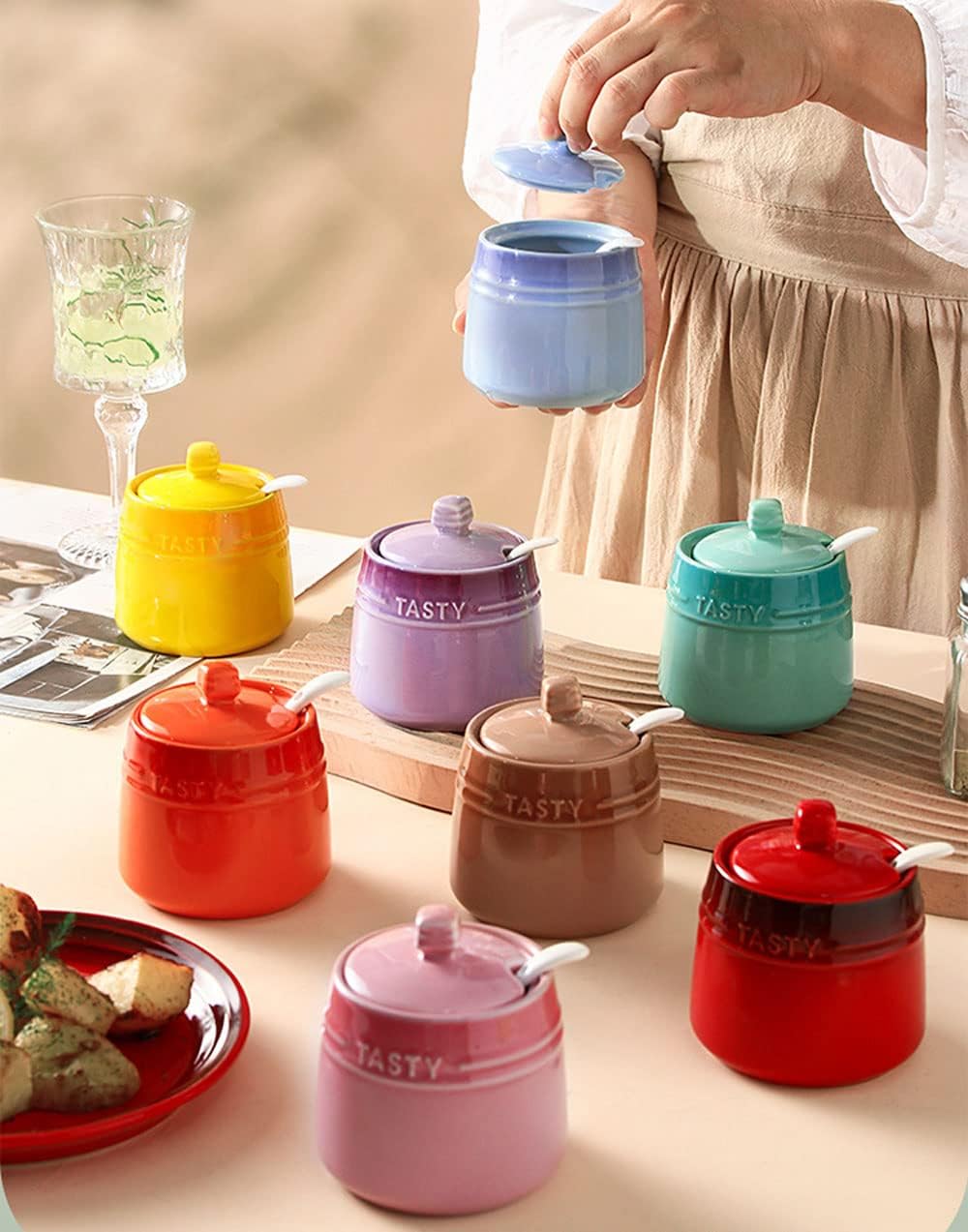 Colorful Ceramic Seasoning Jar Sugar Bowl with Lid Spoon