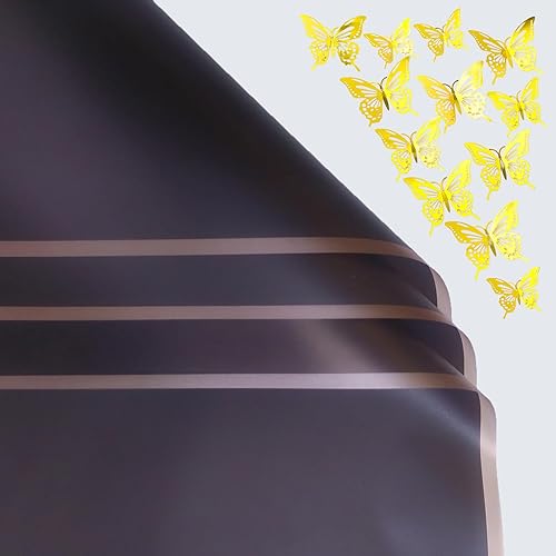 20 hojas de papel de regalo de flores, color negro, borde dorado, ramo de flores frescas, papel de embalaje de regalo con mariposas 3D, papel de