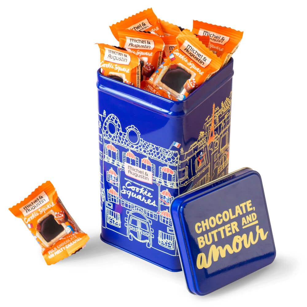 Michel et Augustin Cookies Gift Tin, Individually Wrapped Snacks, Gourmet Milk Chocolate & Caramel Shortbread, Gift Basket, 40 French Butter Cookies