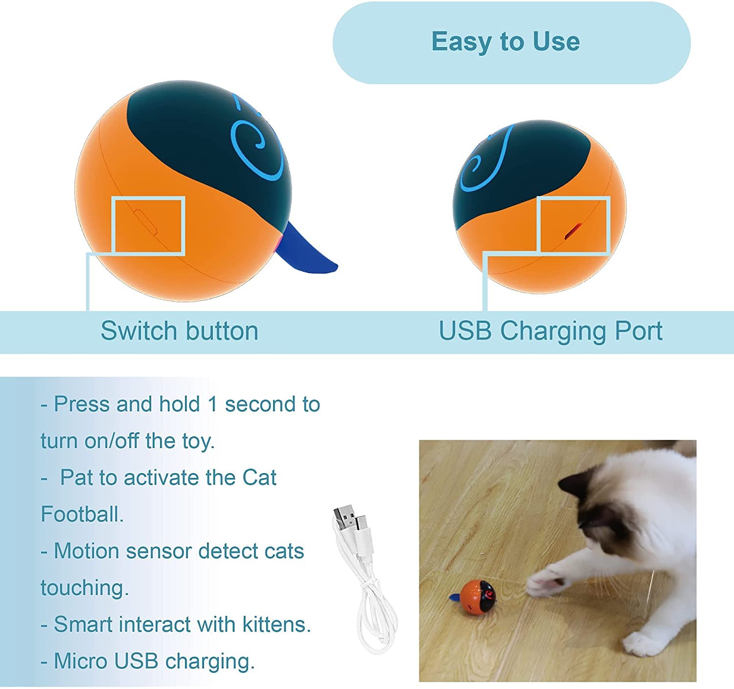 Migipaws Set di giocattoli interattivi per gatti, inseguitore di divertimento, palla da inseguimento automatica con coda soffice, un piccolo topo, ricaricabile