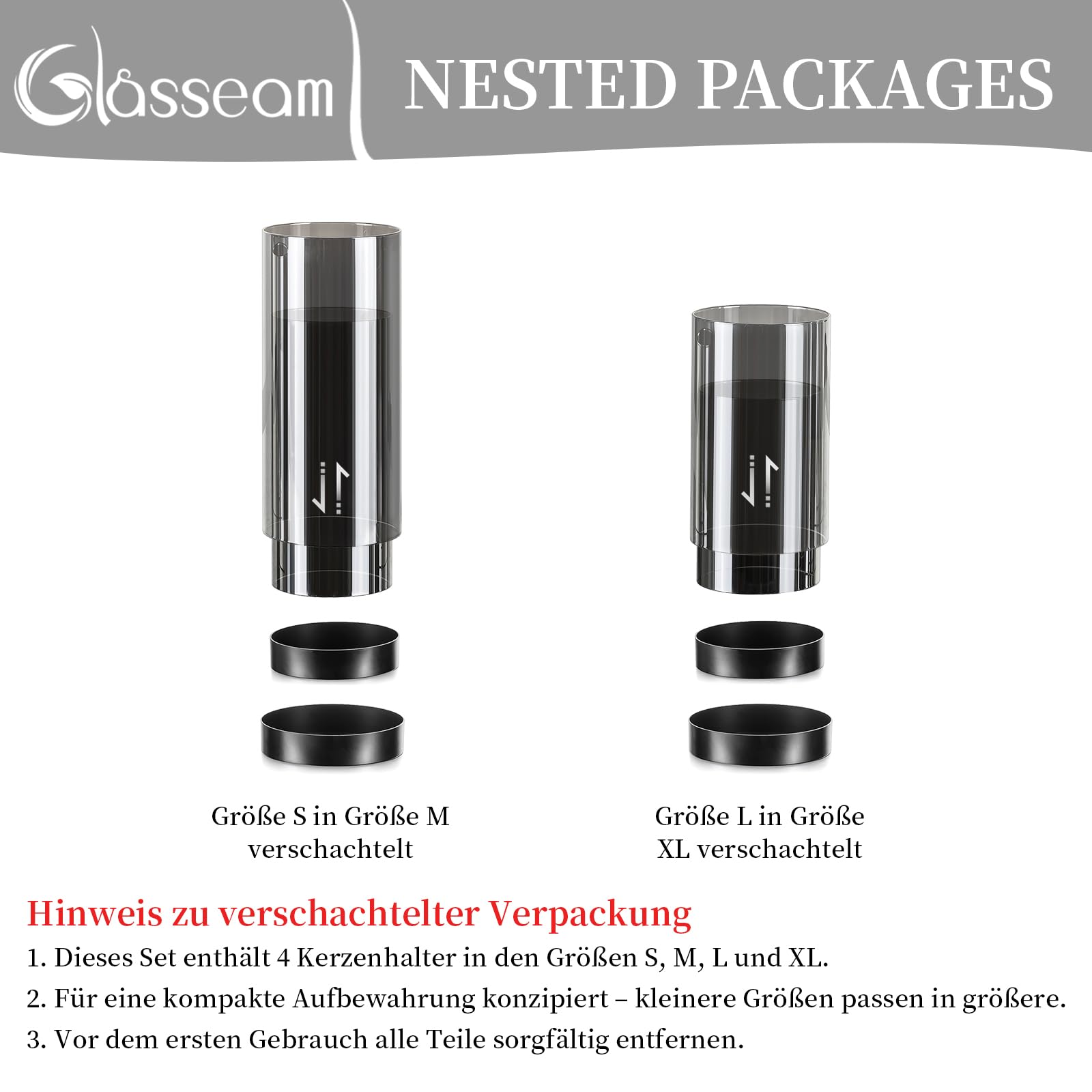 Glasseam Windlicht Glas Schwarz Tischdeko: 4er Set Windlicht Outdoor Modern Windlichter Kerzenhalter Metall für Deko Wohnzimmer Glaszylinder Kerzengläser für Draußen Advent