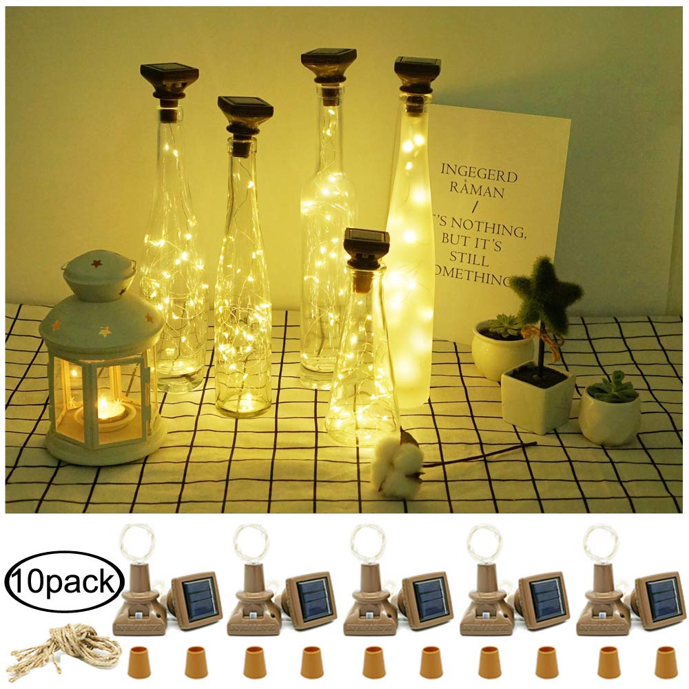 Decorman 10 Pack Solar Wine Bottle Lights 20 LEDs Waterproof Fairy Cork String Silver Wire Craft Lights for Party, Wedding, Christmas, Holiday, Garden, Patio or Table Decor