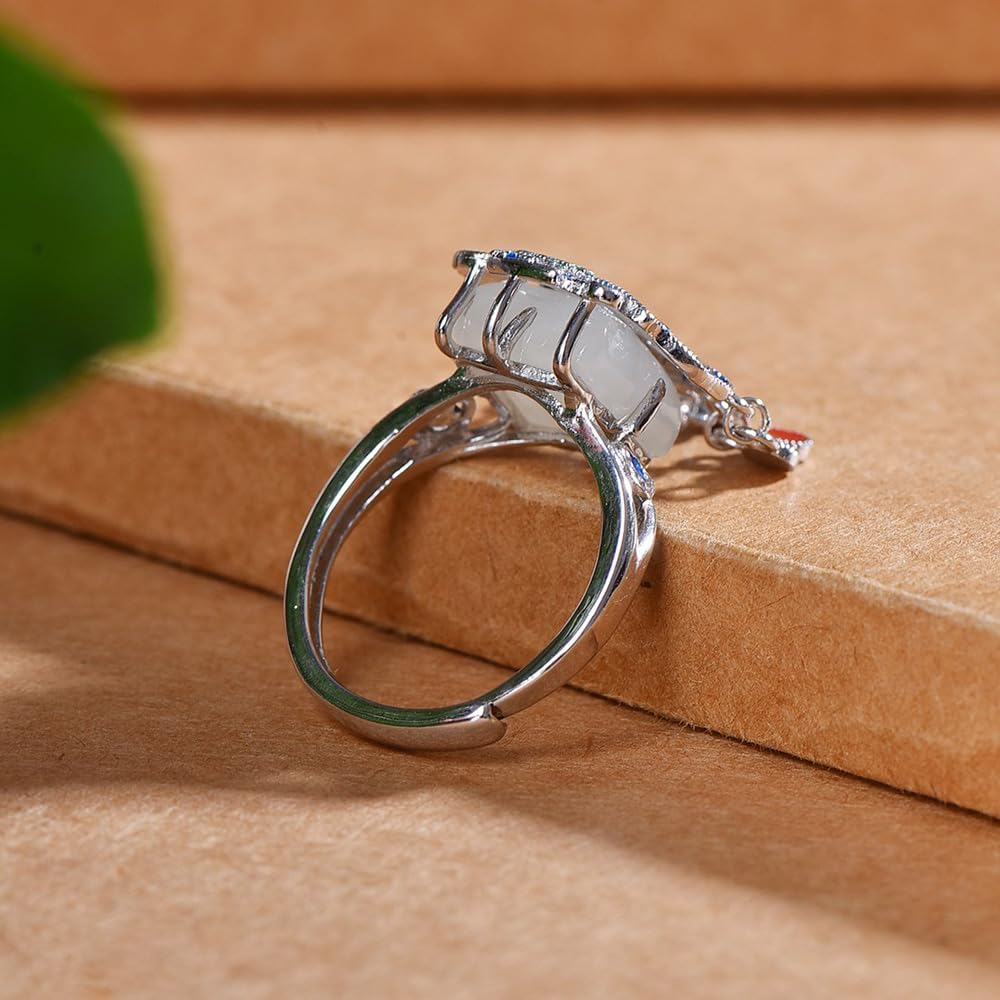 S925 Silver-Inlaid Natural White Jade Square Enamel Tassel Ring with Adjustable Opening and Including Certificate