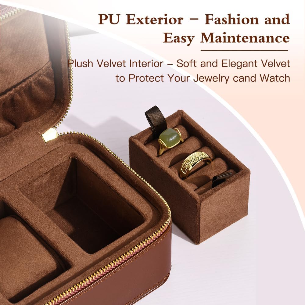 TAIMY Watch Jewelry Travel Case for Men and Women, 1 Slot Watch Pouch with Jewelry Holder, Ring Necklace Earring Organizer for Home Storage, Travel and Display(Brown)
