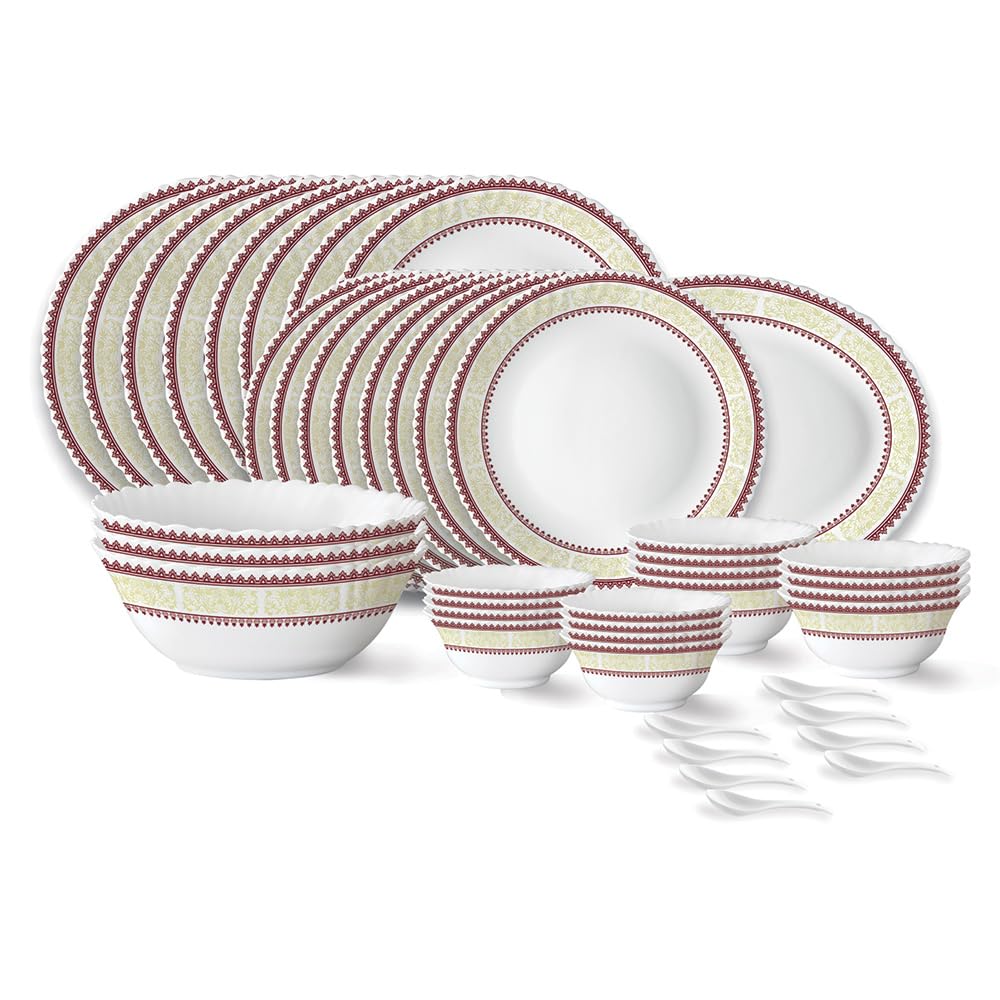 Elega Fluted Series Opalware Dinner Set | 44 Pieces for Family of 8 | Microwave & Dishwasher Safe | Bone-Ash Free | Crockery Set for Dining & Gifting | Plates & Bowls | White