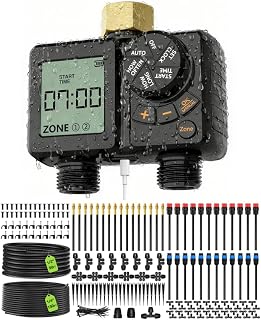 MIXC 2026-Upgrade 360° Adjustable Drip Irrigation System Kit + MIXC Rechargeable 2-Zone Water Timer